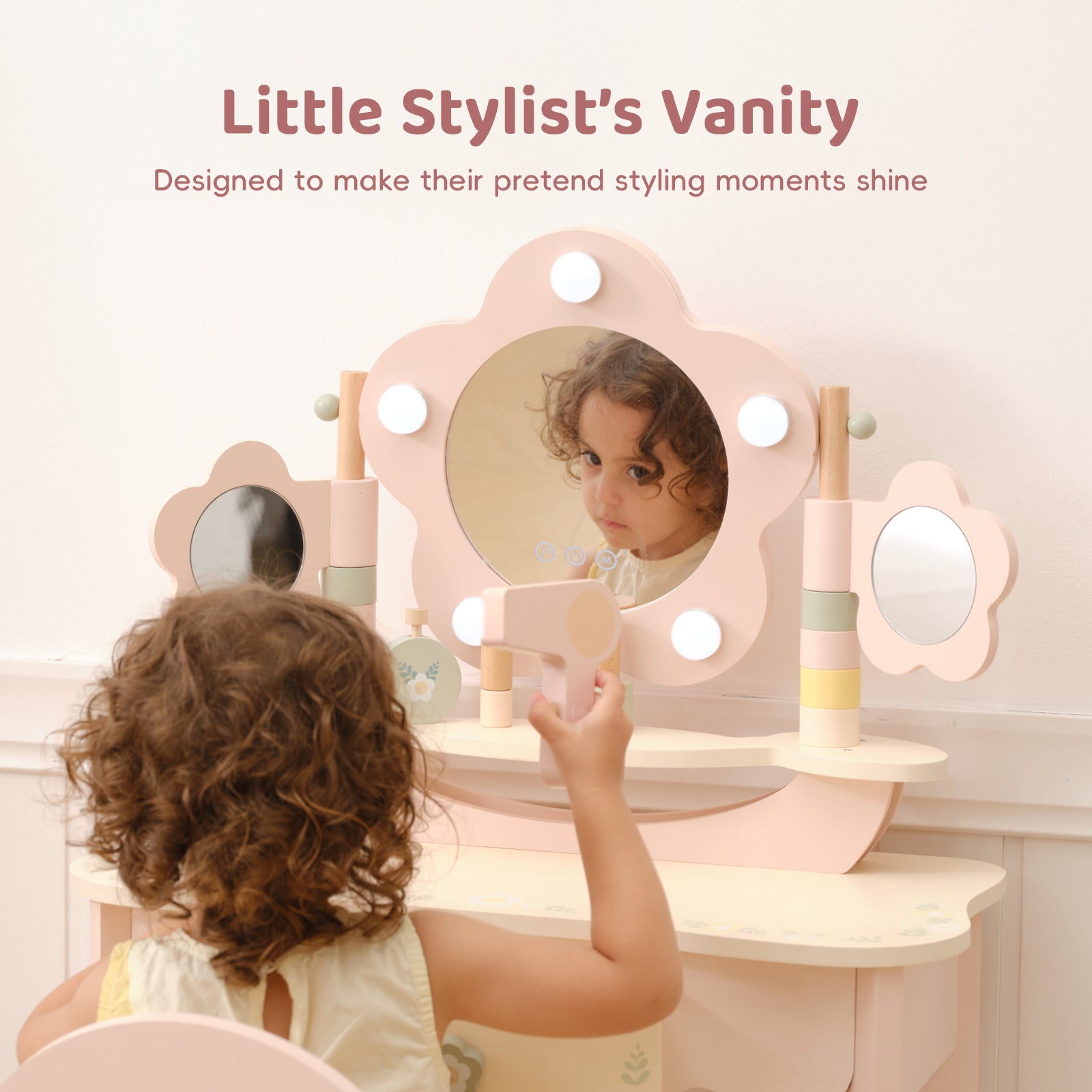 OOOK Kids Vanity Table and Chair Set with Lights, Makeup Vanities