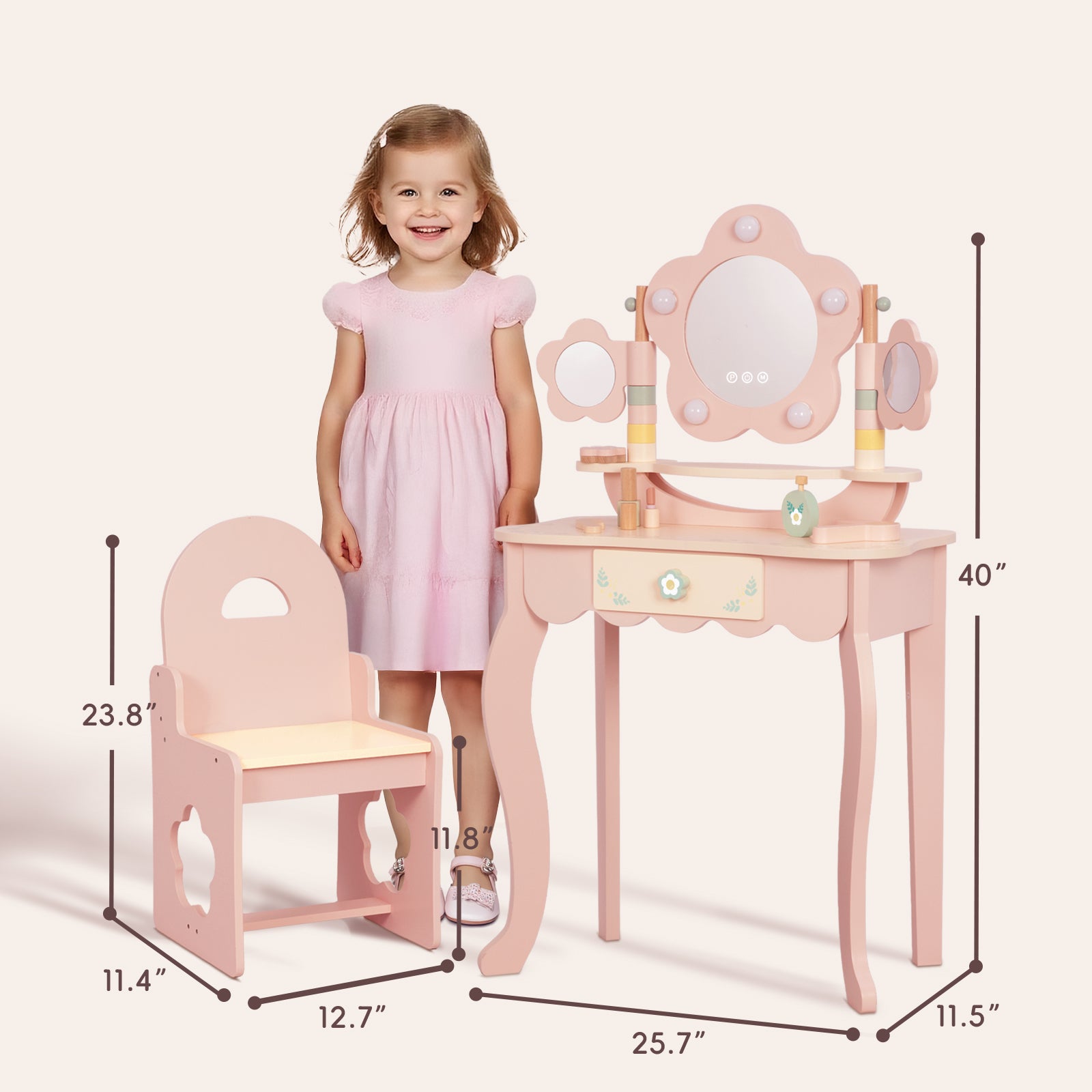 OOOK Kids Vanity Table and Chair Set with Lights, Makeup Vanities