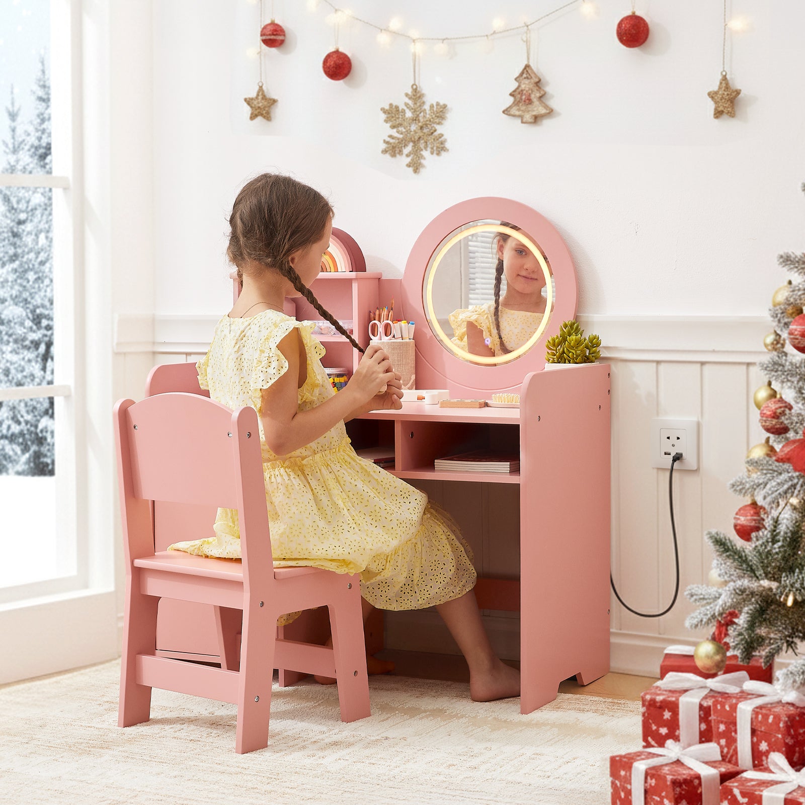 OOOK Kids Vanity with Lighted Mirror, PinkToddler Makeup Vanity Table and Chair Set