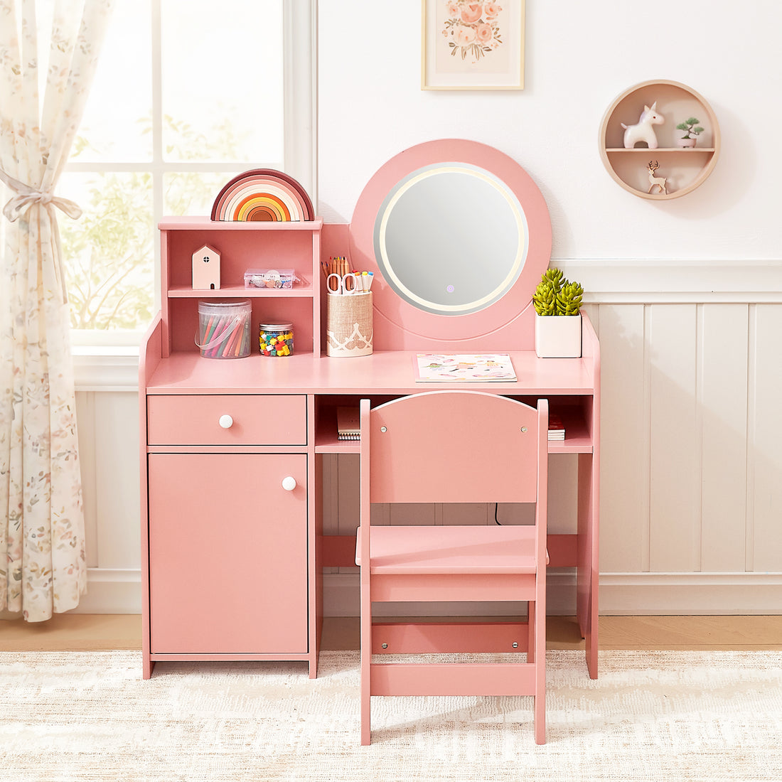 OOOK Kids Vanity with Lighted Mirror, PinkToddler Makeup Vanity Table and Chair Set