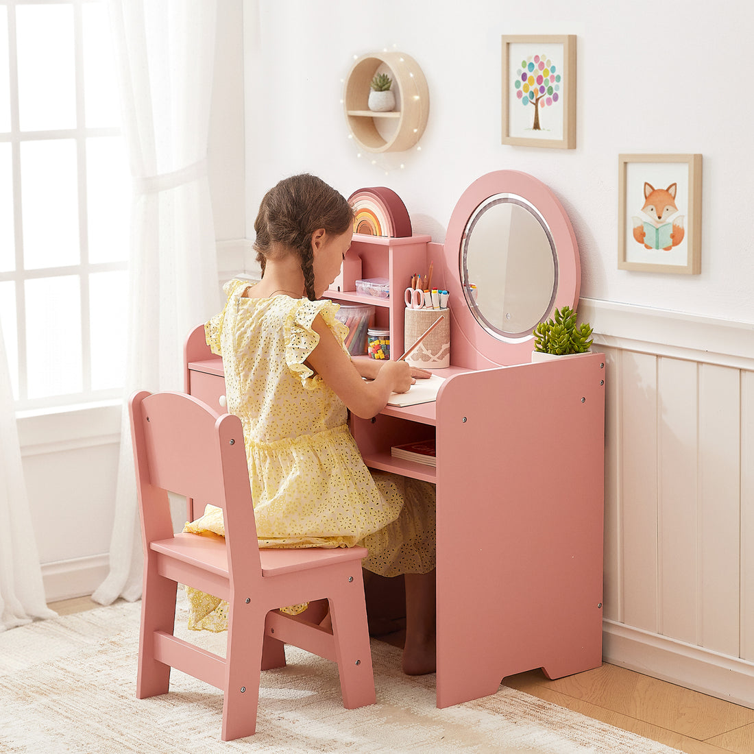 OOOK Kids Vanity with Lighted Mirror, PinkToddler Makeup Vanity Table and Chair Set