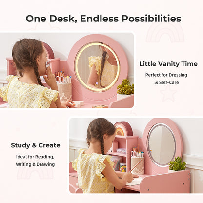OOOK Kids Vanity with Lighted Mirror, PinkToddler Makeup Vanity Table and Chair Set