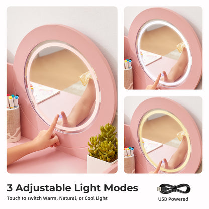 OOOK Kids Vanity with Lighted Mirror, PinkToddler Makeup Vanity Table and Chair Set