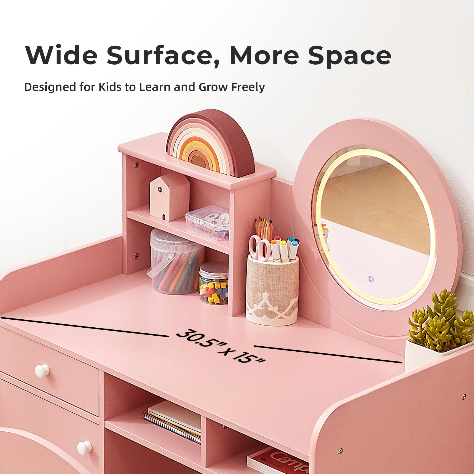 OOOK Kids Vanity with Lighted Mirror, PinkToddler Makeup Vanity Table and Chair Set