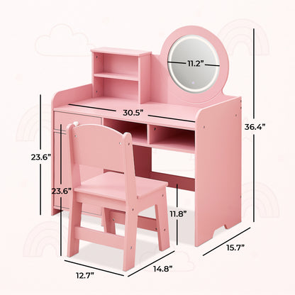 OOOK Kids Vanity with Lighted Mirror, PinkToddler Makeup Vanity Table and Chair Set