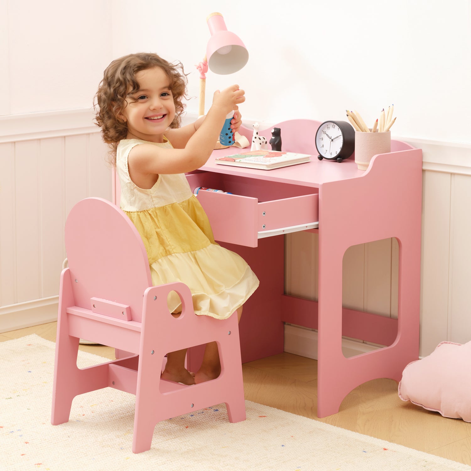 OOOK Kids Study Table and Chair Set, Pink Writing Table,Toddler Art Desk