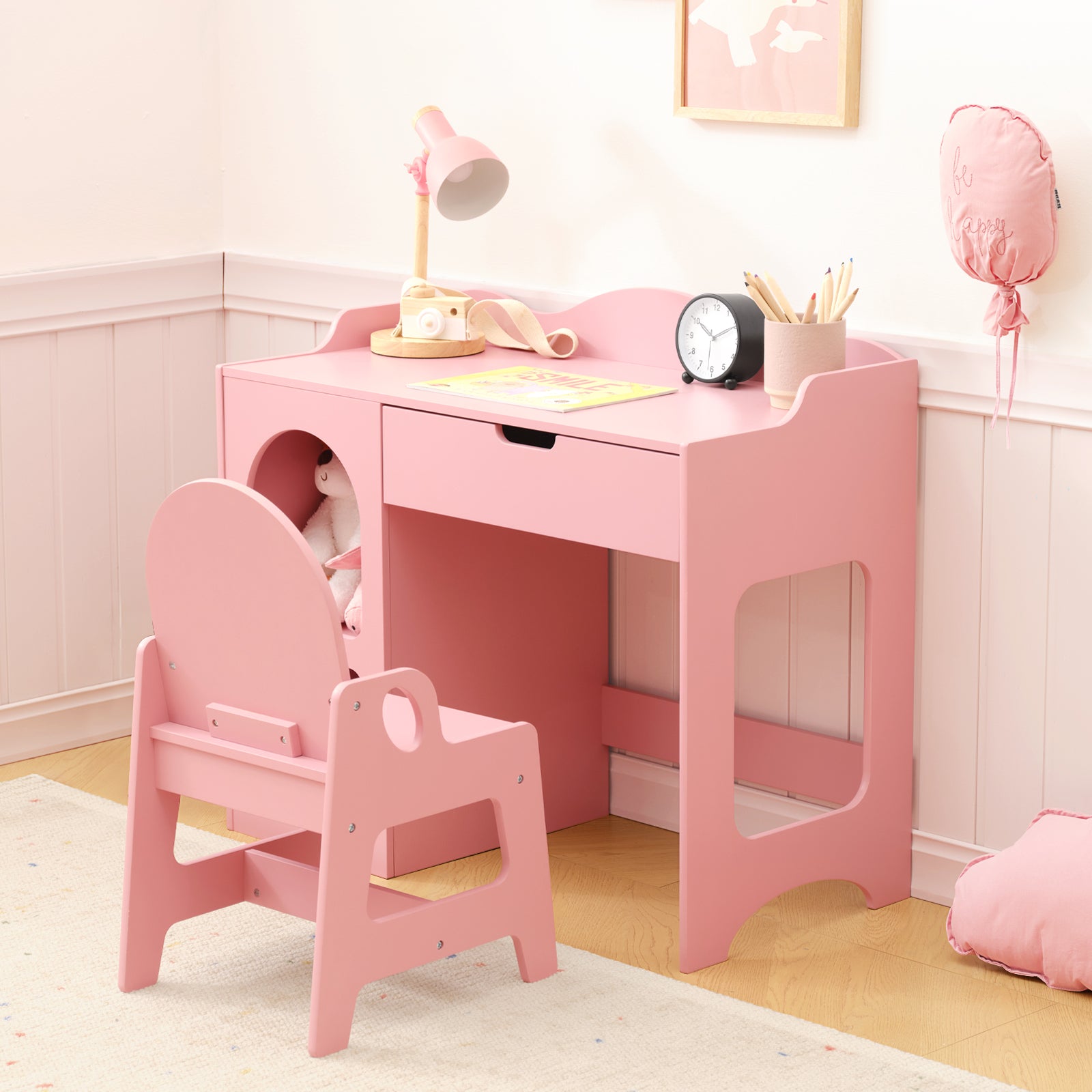 OOOK Kids Study Table and Chair Set, Pink Writing Table,Toddler Art Desk