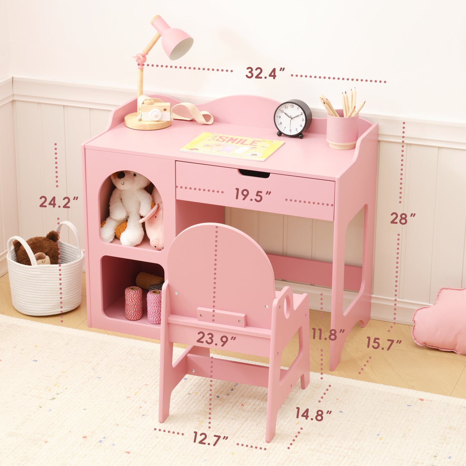 OOOK Kids Study Table and Chair Set, Pink Writing Table,Toddler Art Desk