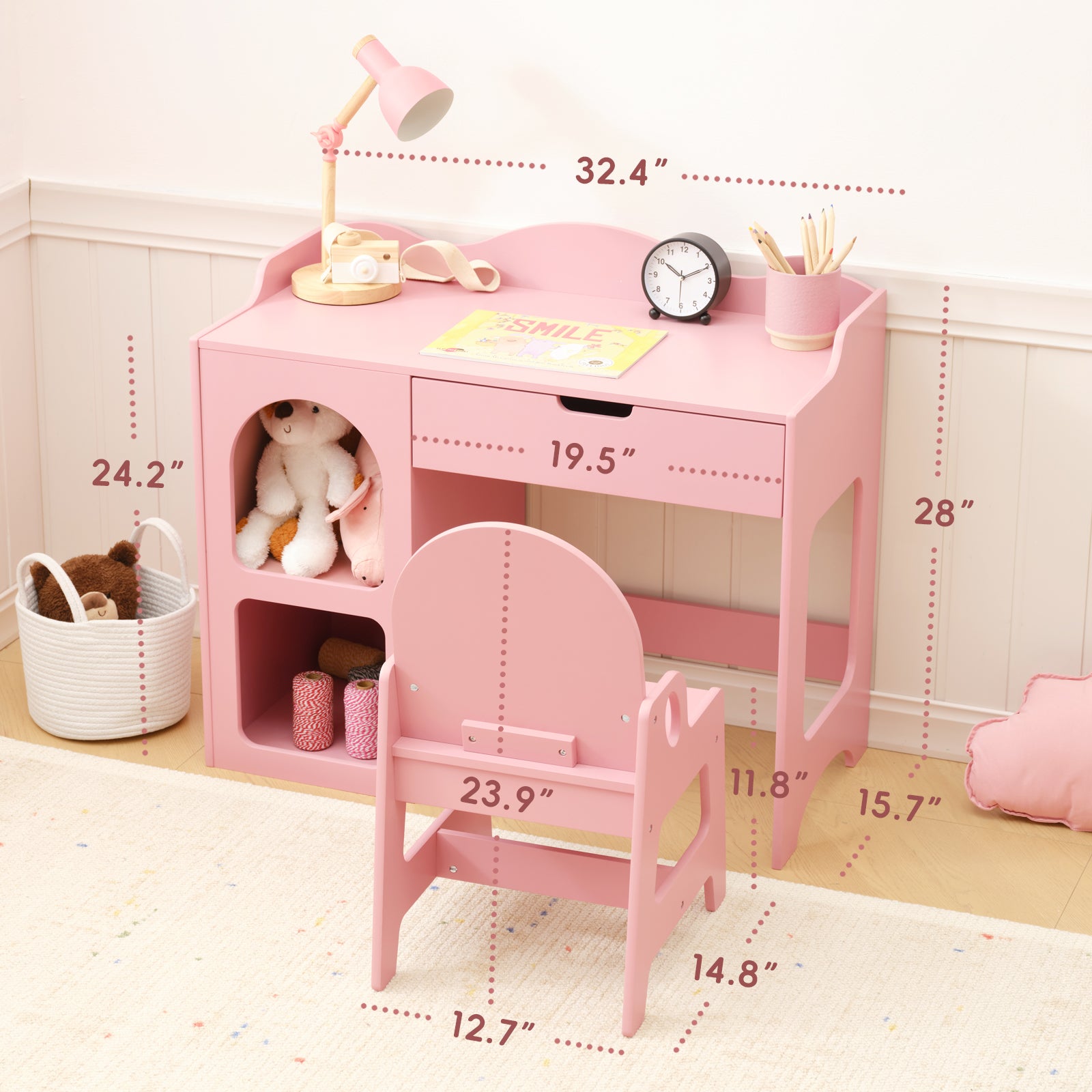 OOOK Kids Study Table and Chair Set, Pink Writing Table,Toddler Art Desk