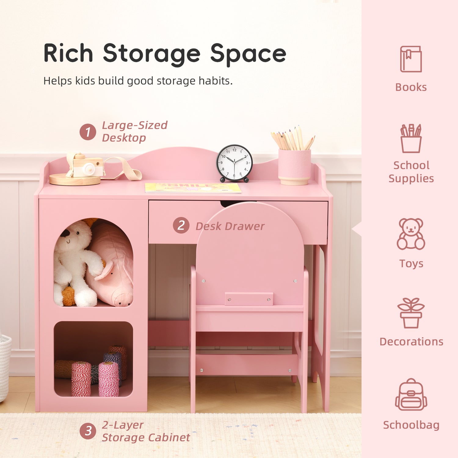 OOOK Kids Study Table and Chair Set, Pink Writing Table,Toddler Art Desk