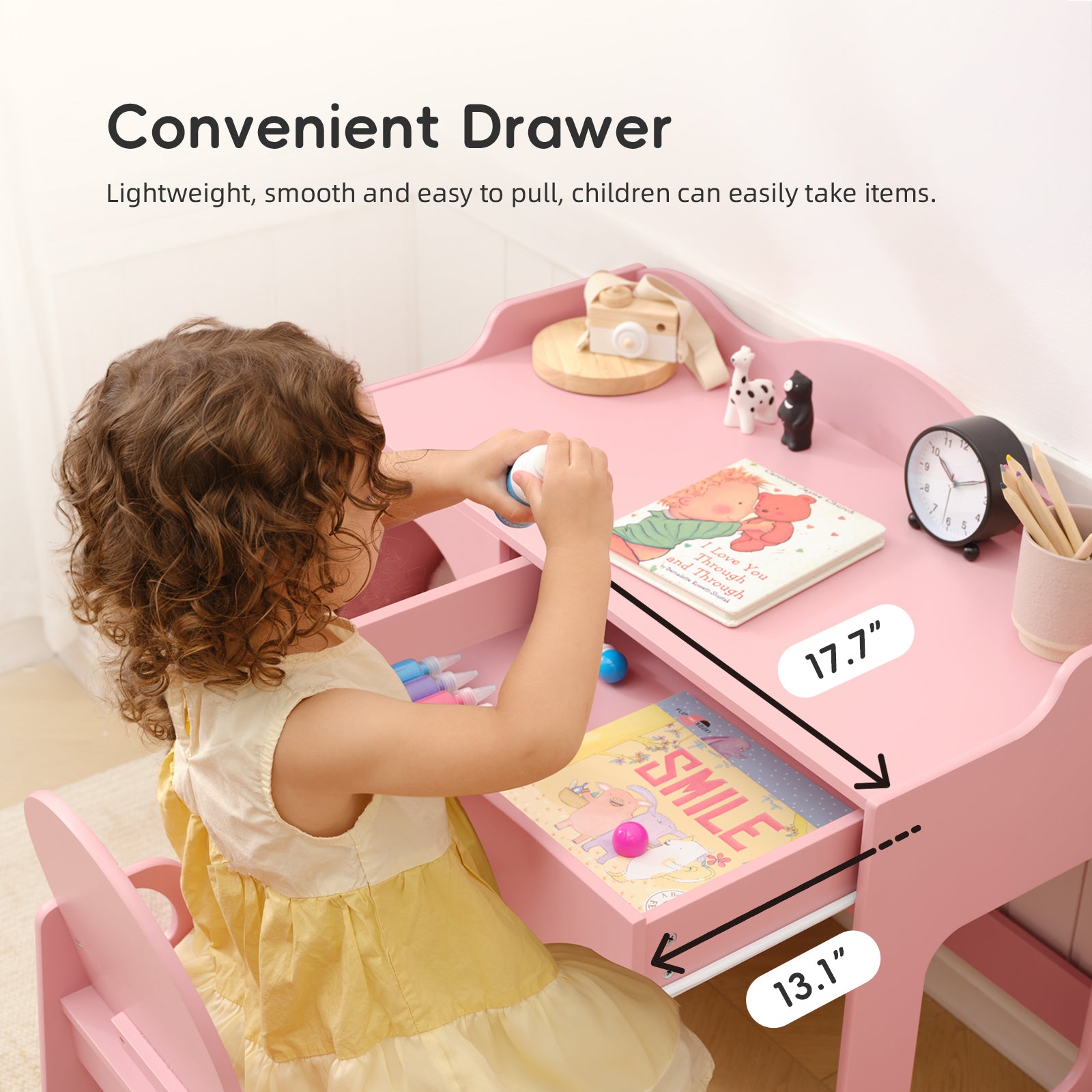 OOOK Kids Study Table and Chair Set, Pink Writing Table,Toddler Art Desk