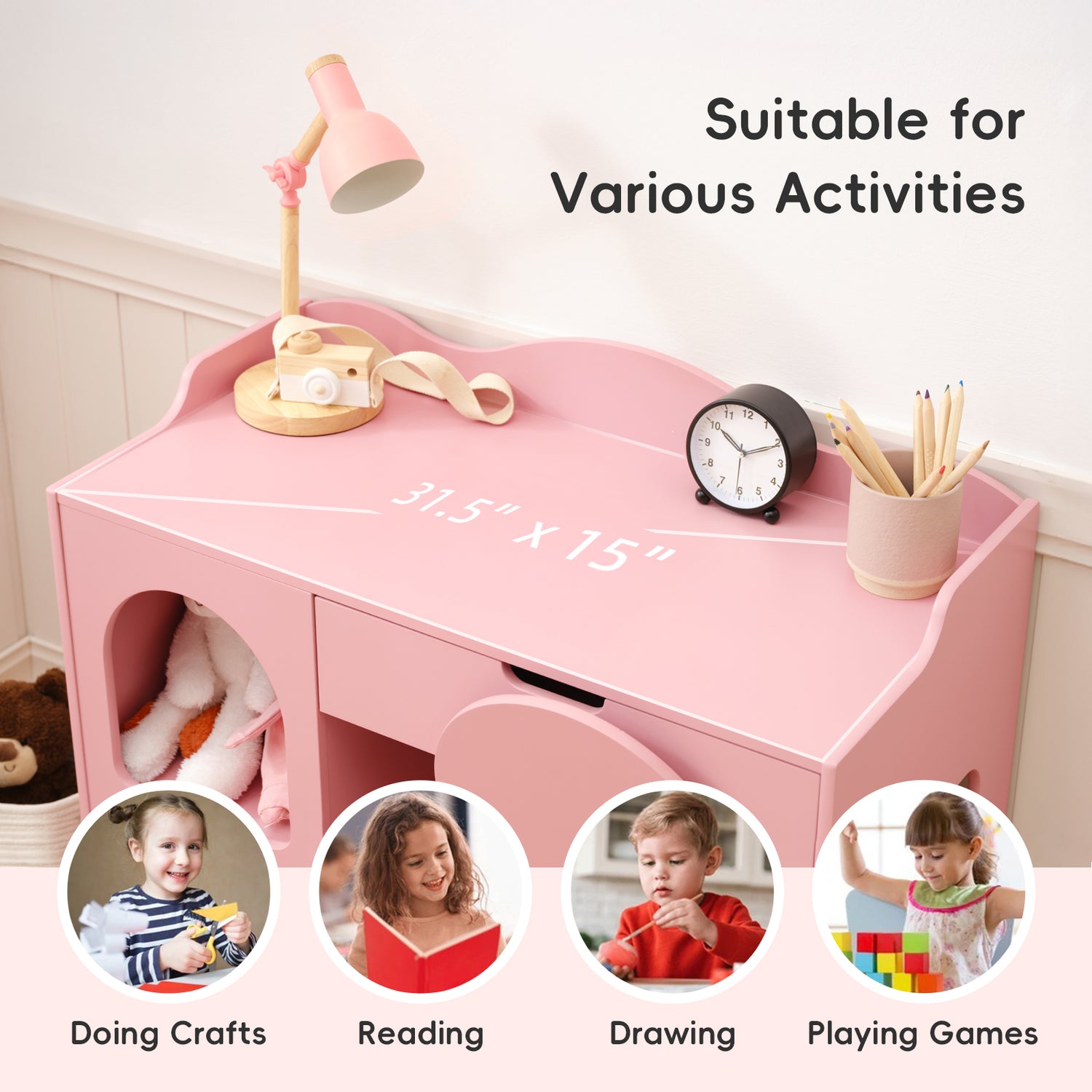 OOOK Kids Study Table and Chair Set, Pink Writing Table,Toddler Art Desk