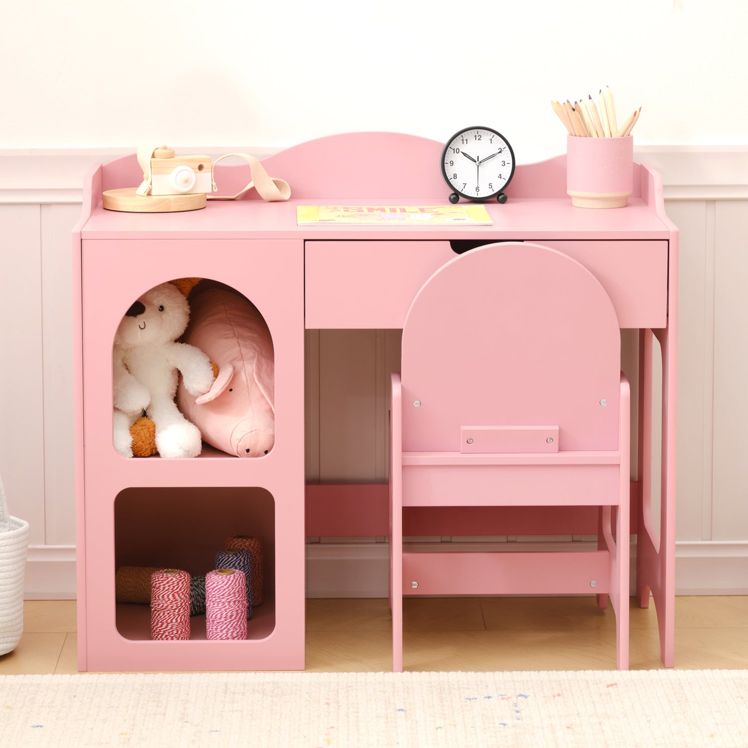 OOOK Kids Study Table and Chair Set, Pink Writing Table,Toddler Art Desk
