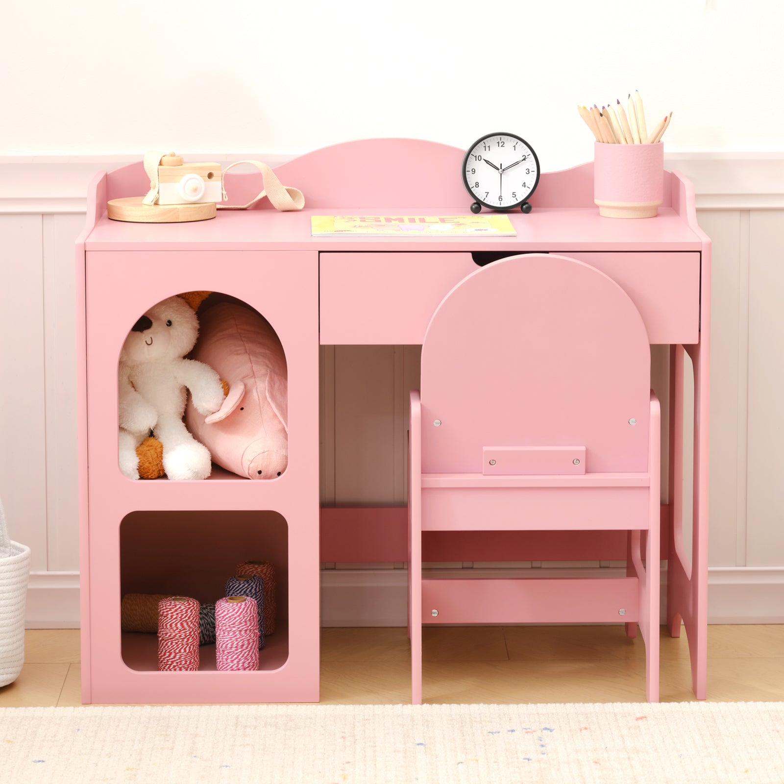 OOOK Kids Study Table and Chair Set, Pink Writing Table,Toddler Art Desk