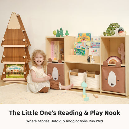 OOOK Pine Wood 4 Tier Rotating Bookshelf Tower