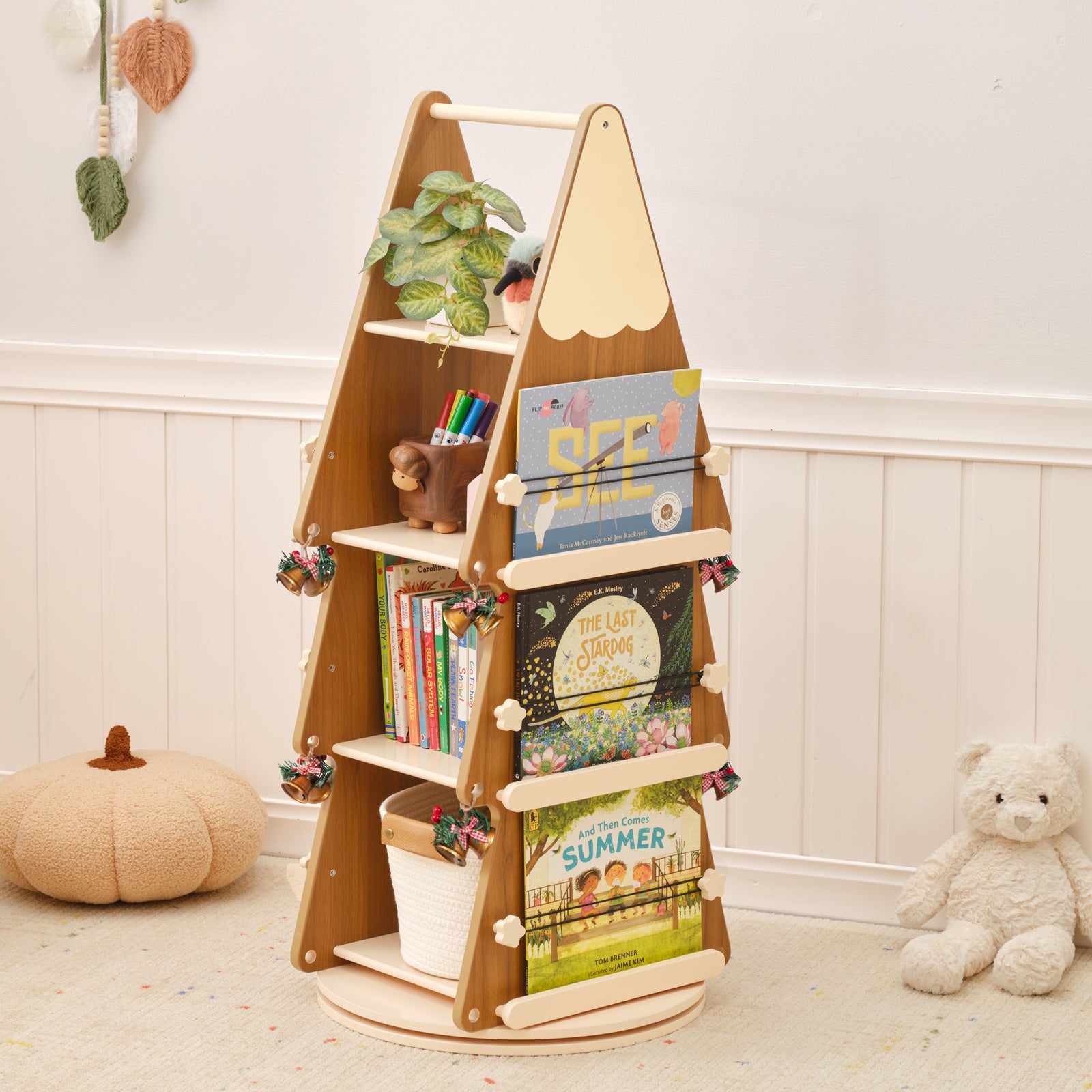 OOOK Pine Wood 4 Tier Rotating Bookshelf Tower