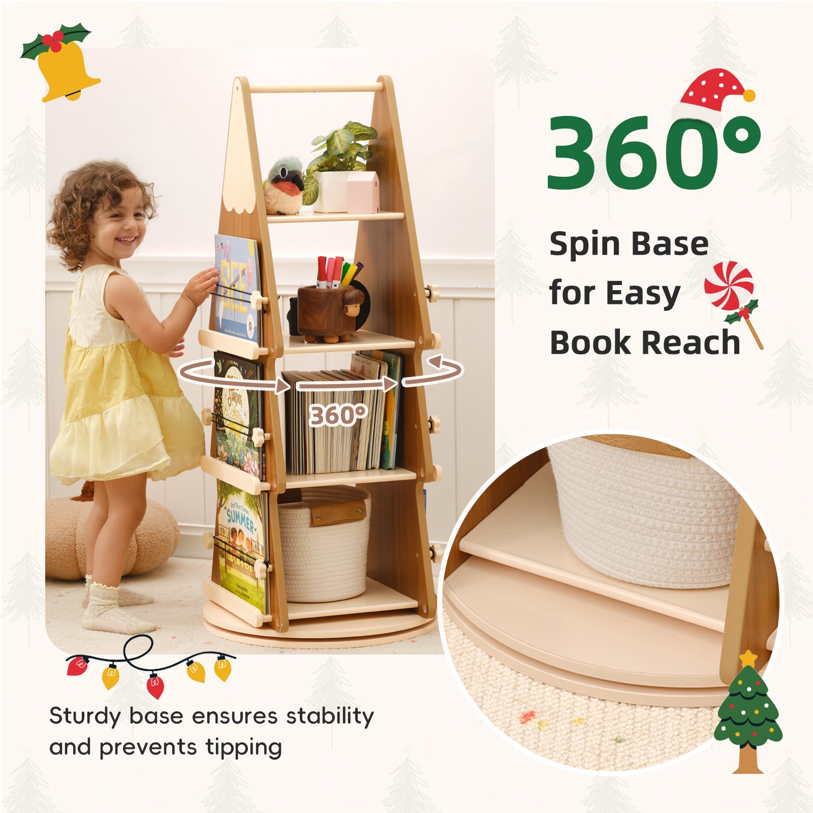 OOOK Pine Wood 4 Tier Rotating Bookshelf Tower