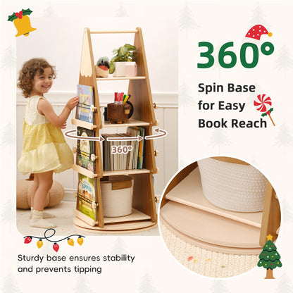 OOOK Pine Wood 4 Tier Rotating Bookshelf Tower