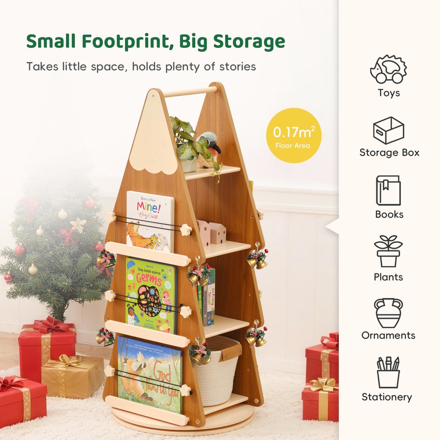 OOOK Pine Wood 4 Tier Rotating Bookshelf Tower