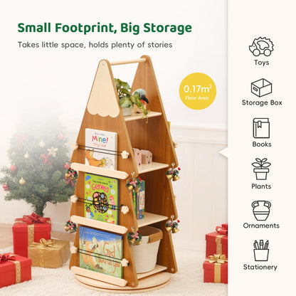 OOOK Pine Wood 4 Tier Rotating Bookshelf Tower