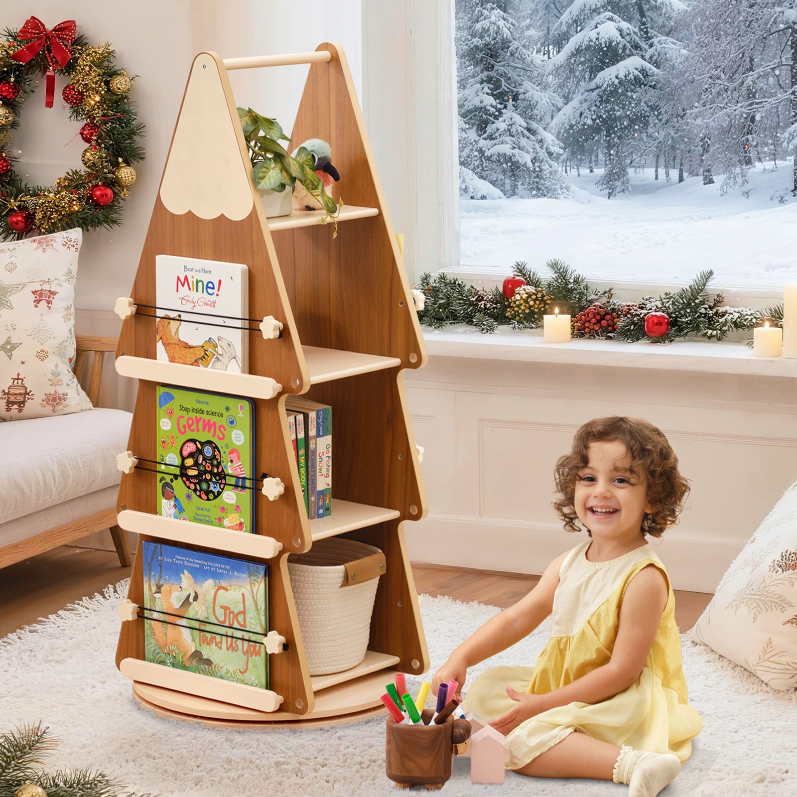 OOOK Pine Wood 4 Tier Rotating Bookshelf Tower