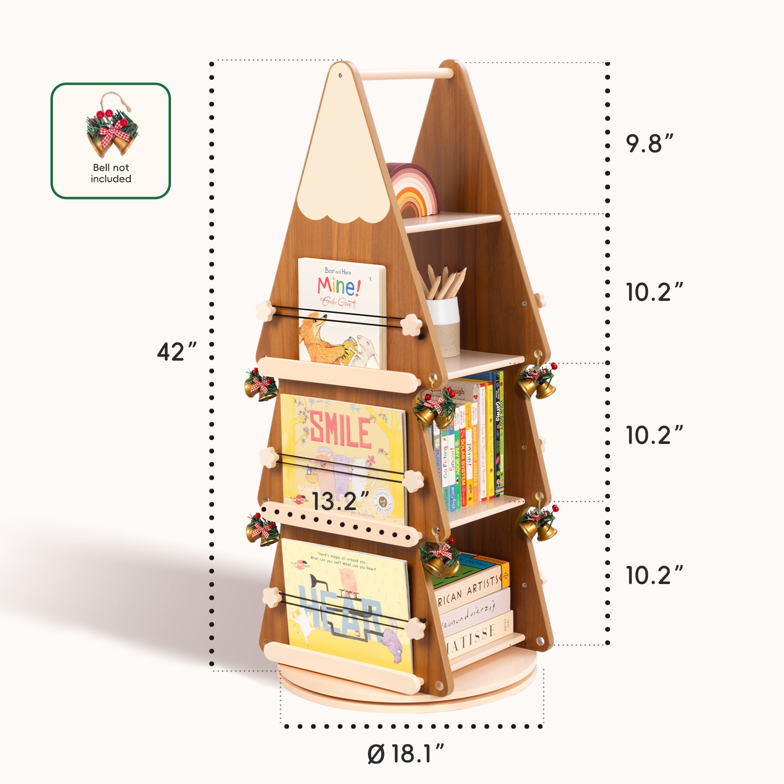 OOOK Pine Wood 4 Tier Rotating Bookshelf Tower