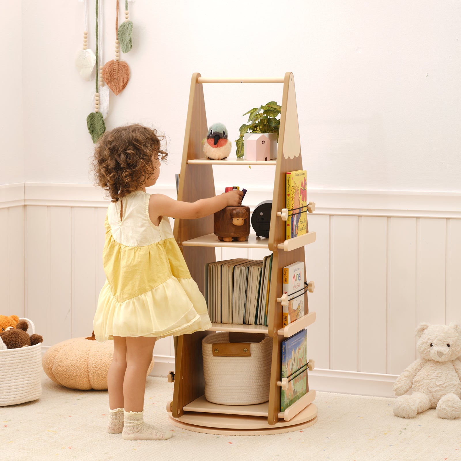OOOK Pine Wood 4 Tier Rotating Bookshelf Tower