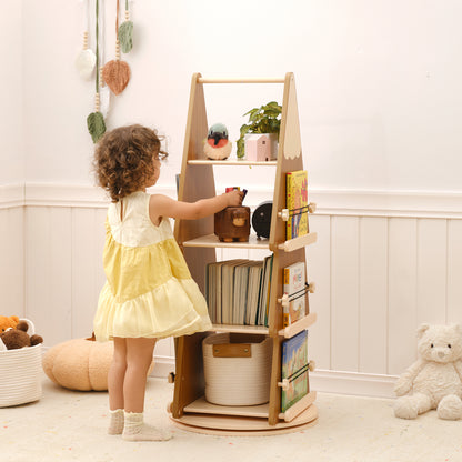 OOOK Pine Wood 4 Tier Rotating Bookshelf Tower