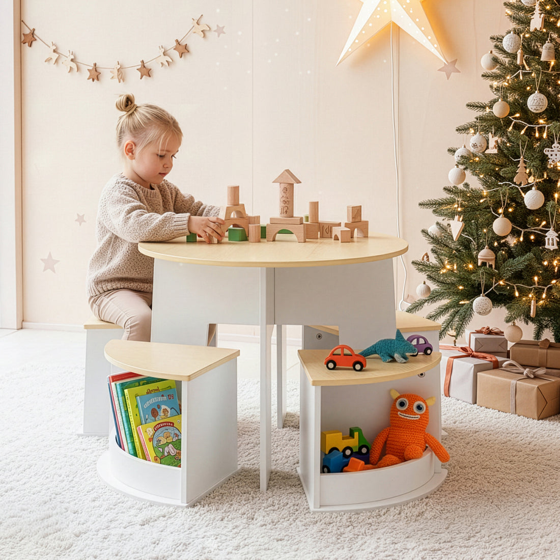 OOOK Toddler Table and Chair Set, Wooden Round Table with 4 Storage Stools
