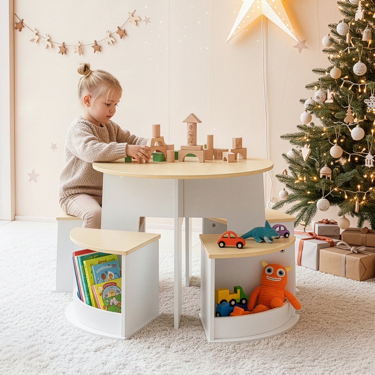 OOOK Toddler Table and Chair Set, Wooden Round Table with 4 Storage Stools