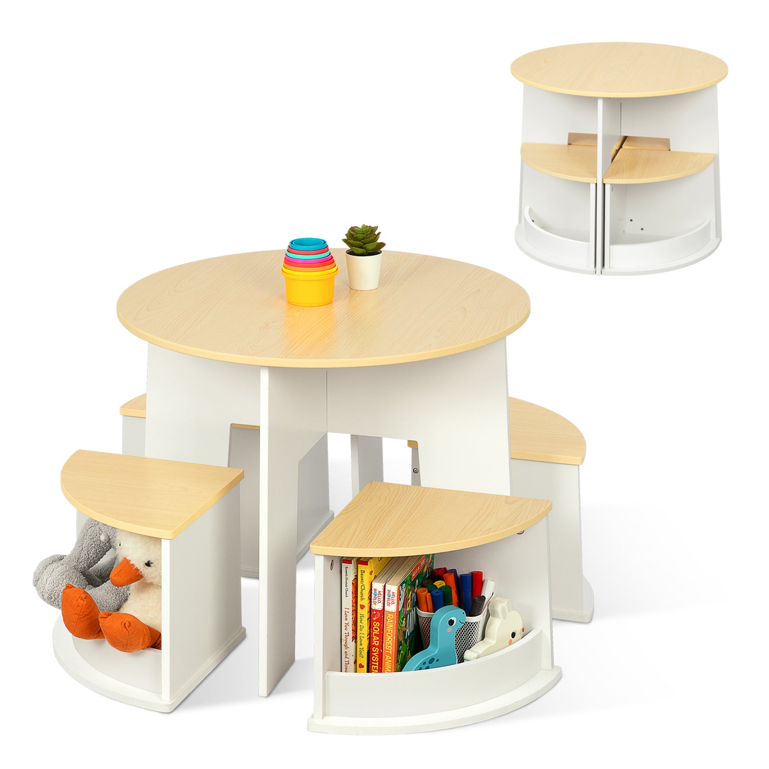OOOK Toddler Table and Chair Set, Wooden Round Table with 4 Storage Stools