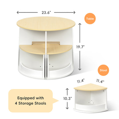 OOOK Toddler Table and Chair Set, Wooden Round Table with 4 Storage Stools