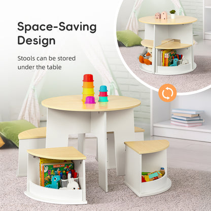 OOOK Toddler Table and Chair Set, Wooden Round Table with 4 Storage Stools