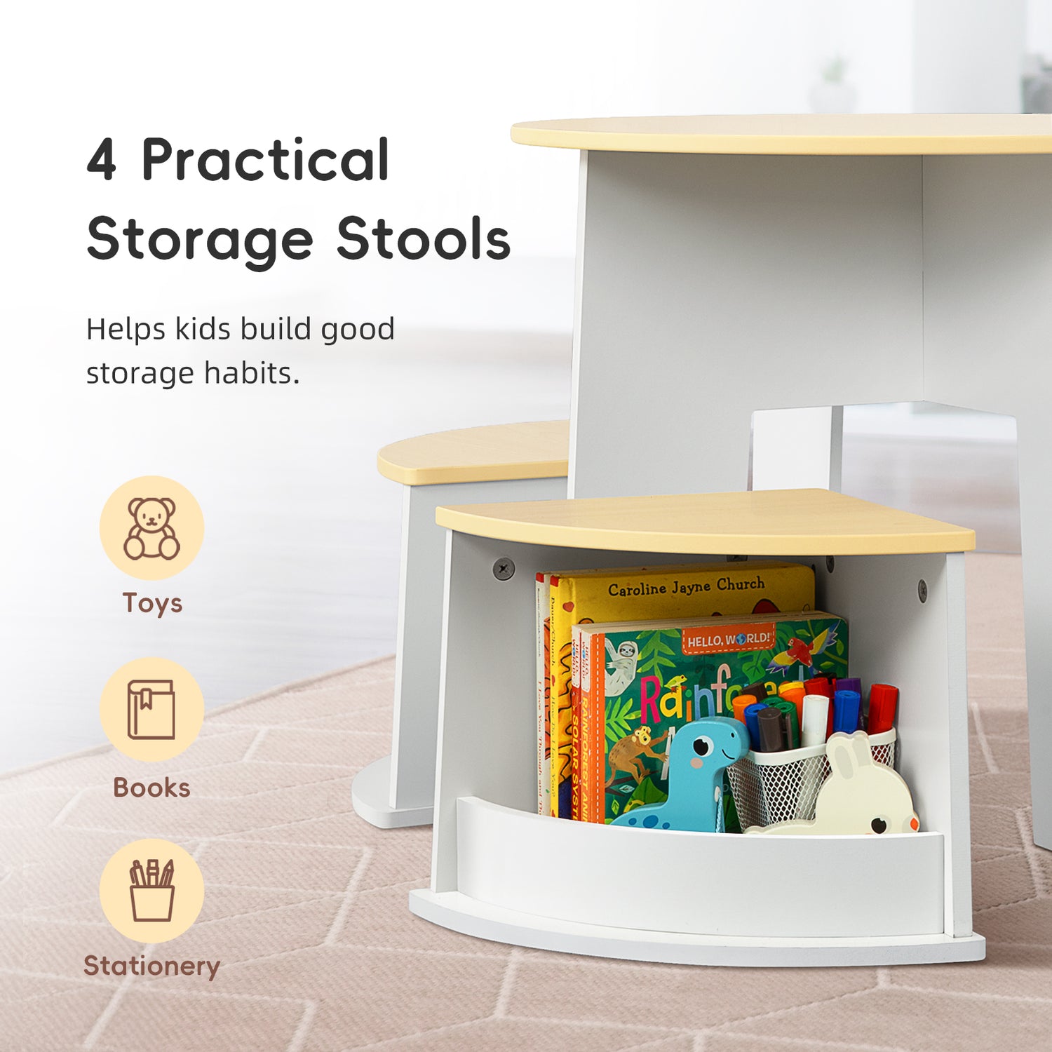 OOOK Toddler Table and Chair Set, Wooden Round Table with 4 Storage Stools