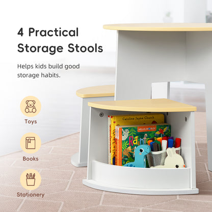 OOOK Toddler Table and Chair Set, Wooden Round Table with 4 Storage Stools