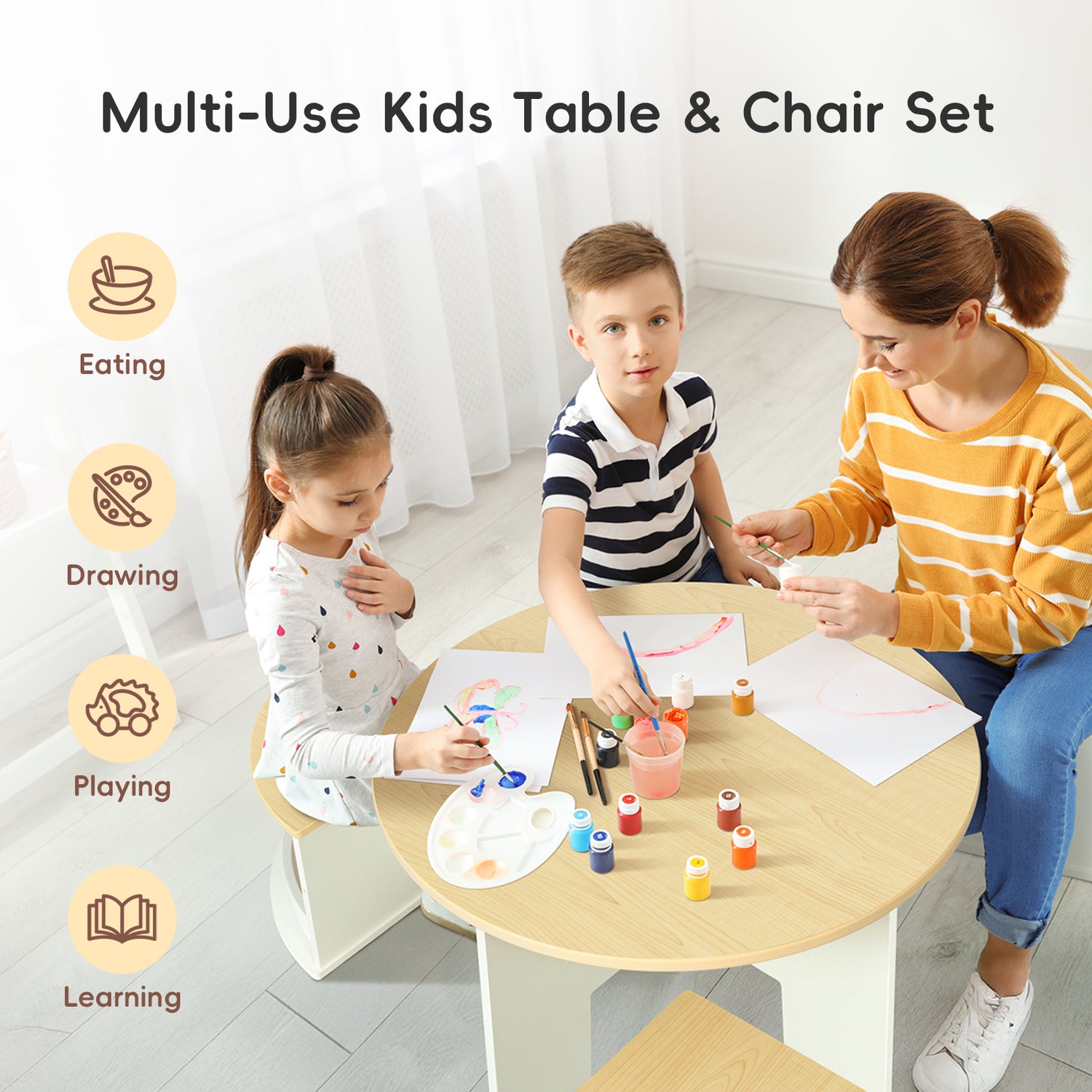OOOK Toddler Table and Chair Set, Wooden Round Table with 4 Storage Stools