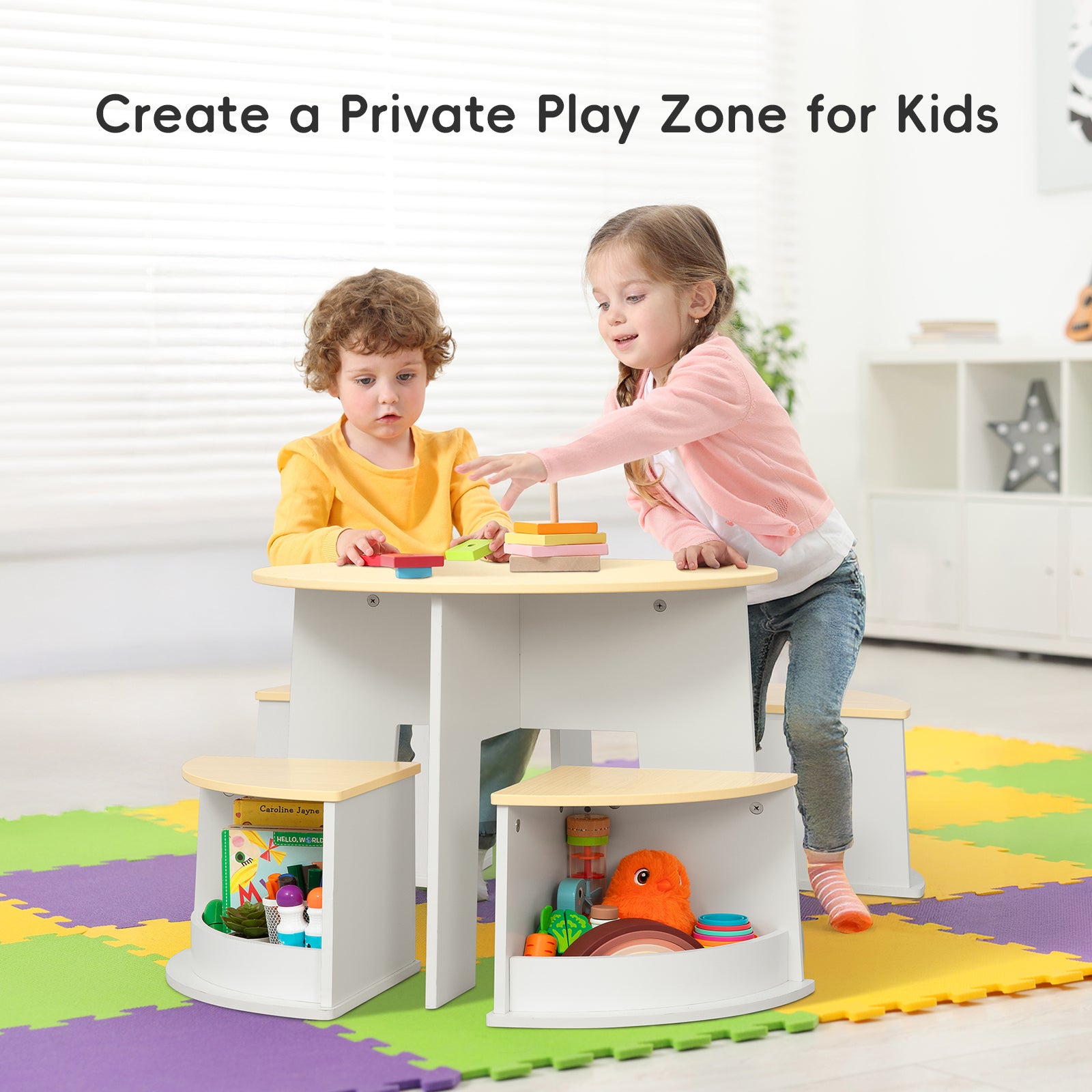 OOOK Toddler Table and Chair Set, Wooden Round Table with 4 Storage Stools