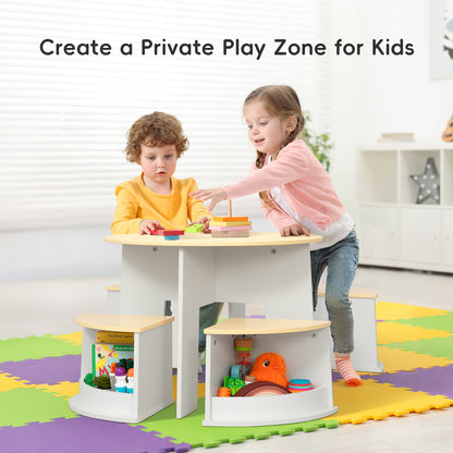 OOOK Toddler Table and Chair Set, Wooden Round Table with 4 Storage Stools