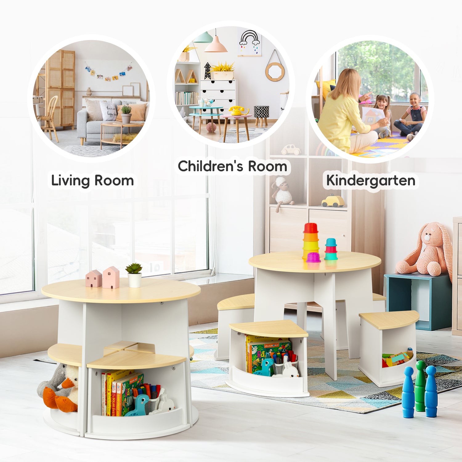 OOOK Toddler Table and Chair Set, Wooden Round Table with 4 Storage Stools