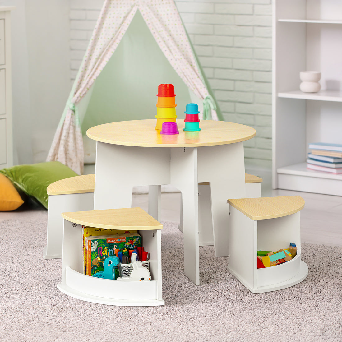 OOOK Toddler Table and Chair Set, Wooden Round Table with 4 Storage Stools