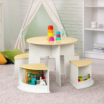 OOOK Toddler Table and Chair Set, Wooden Round Table with 4 Storage Stools