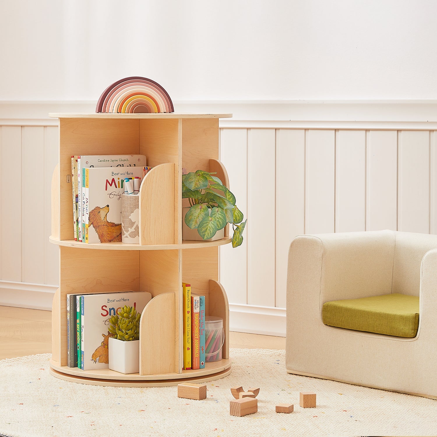 OOOK 2 Tier Rotating Bookshelf, Small Corner Bookshelf Floor Standing