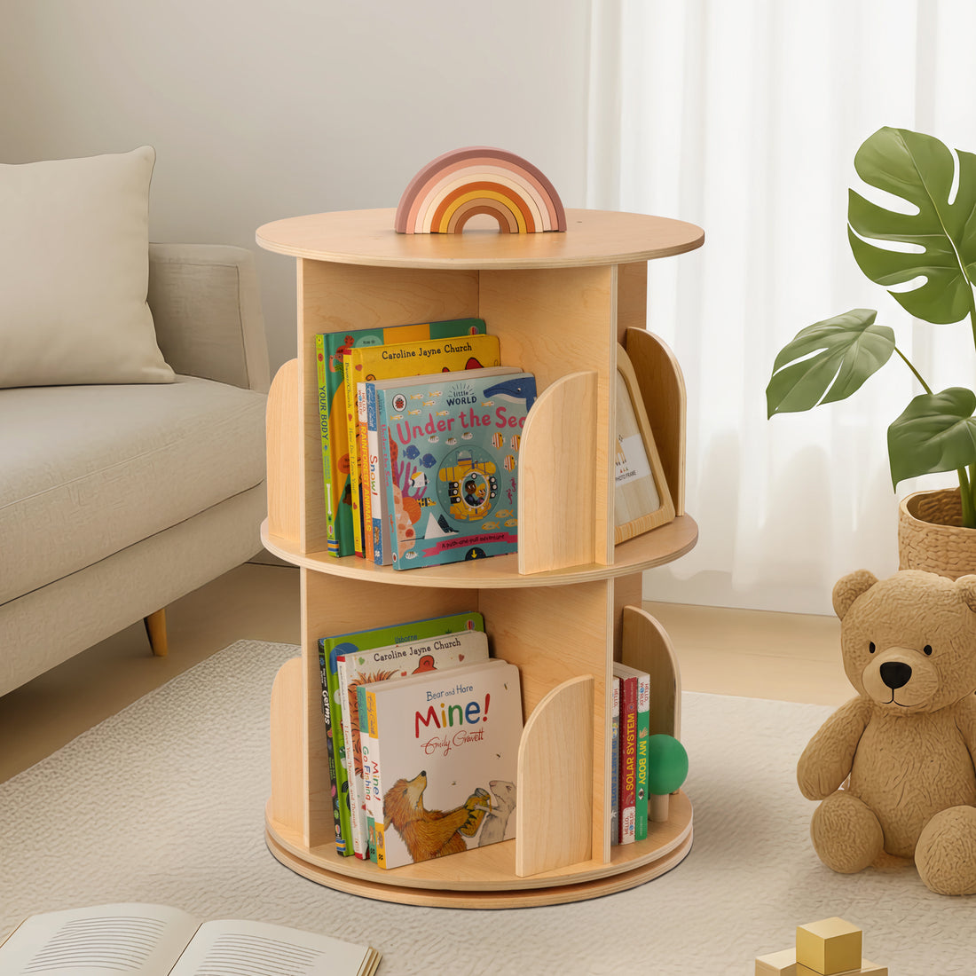 OOOK 2 Tier Rotating Bookshelf, Small Corner Bookshelf Floor Standing