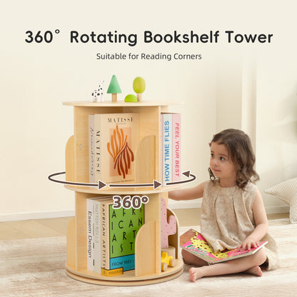 OOOK 2 Tier Rotating Bookshelf, Small Corner Bookshelf Floor Standing