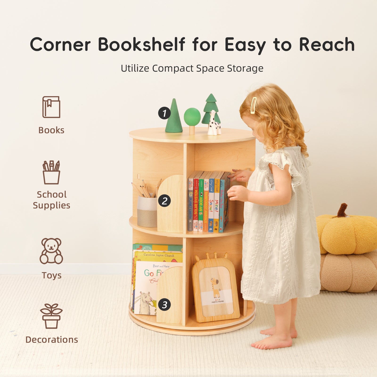 OOOK 2 Tier Rotating Bookshelf, Small Corner Bookshelf Floor Standing