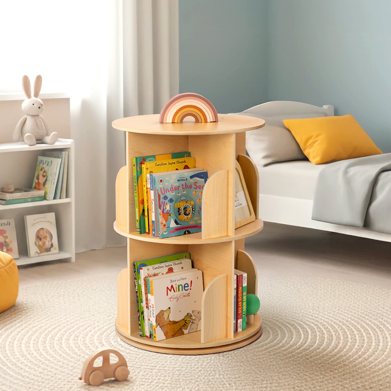 OOOK 2 Tier Rotating Bookshelf, Small Corner Bookshelf Floor Standing