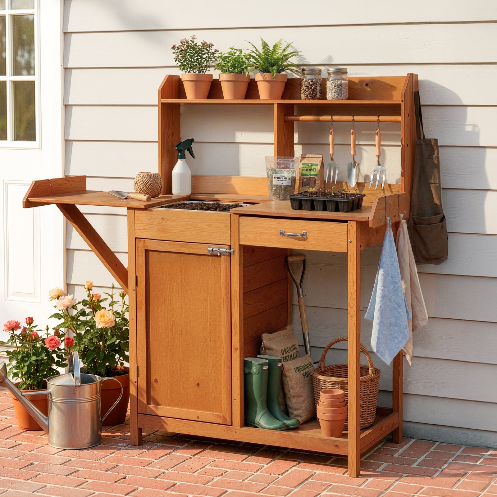 OOOK Adults Potting Bench,Garden Bench, Wooden Garden Work Station for outdoors