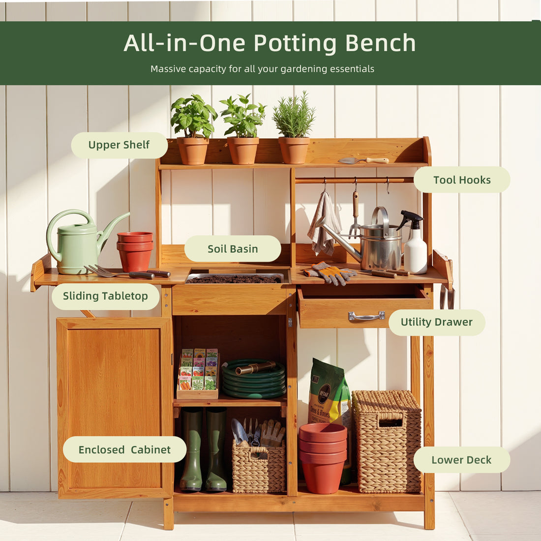 OOOK Adults Potting Bench,Garden Bench, Wooden Garden Work Station for outdoors