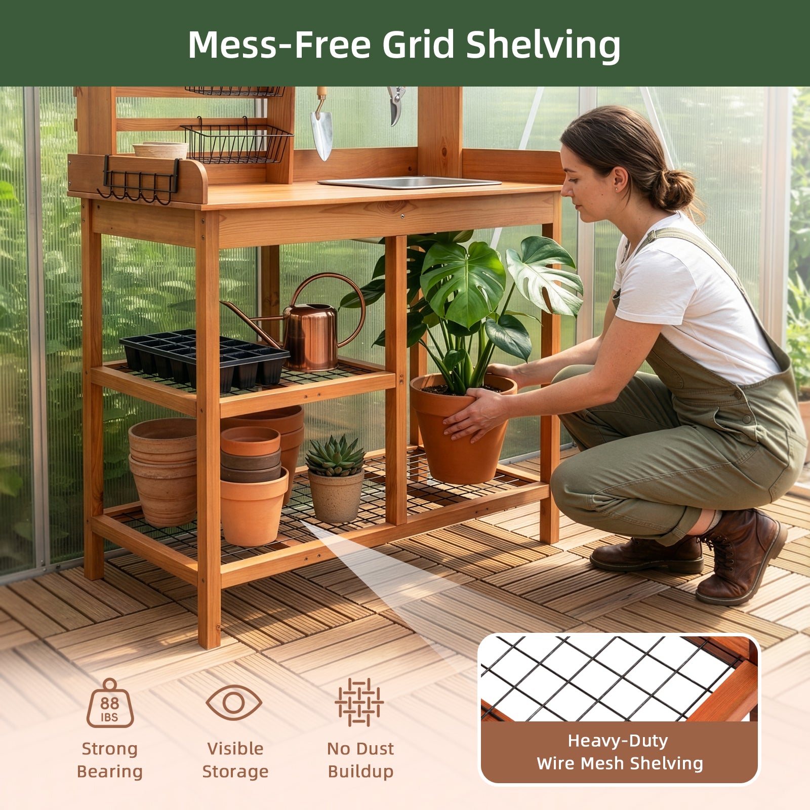 OOOK Adults Potting Bench, Nordic Scots Pine Potting Table with Removable Sink