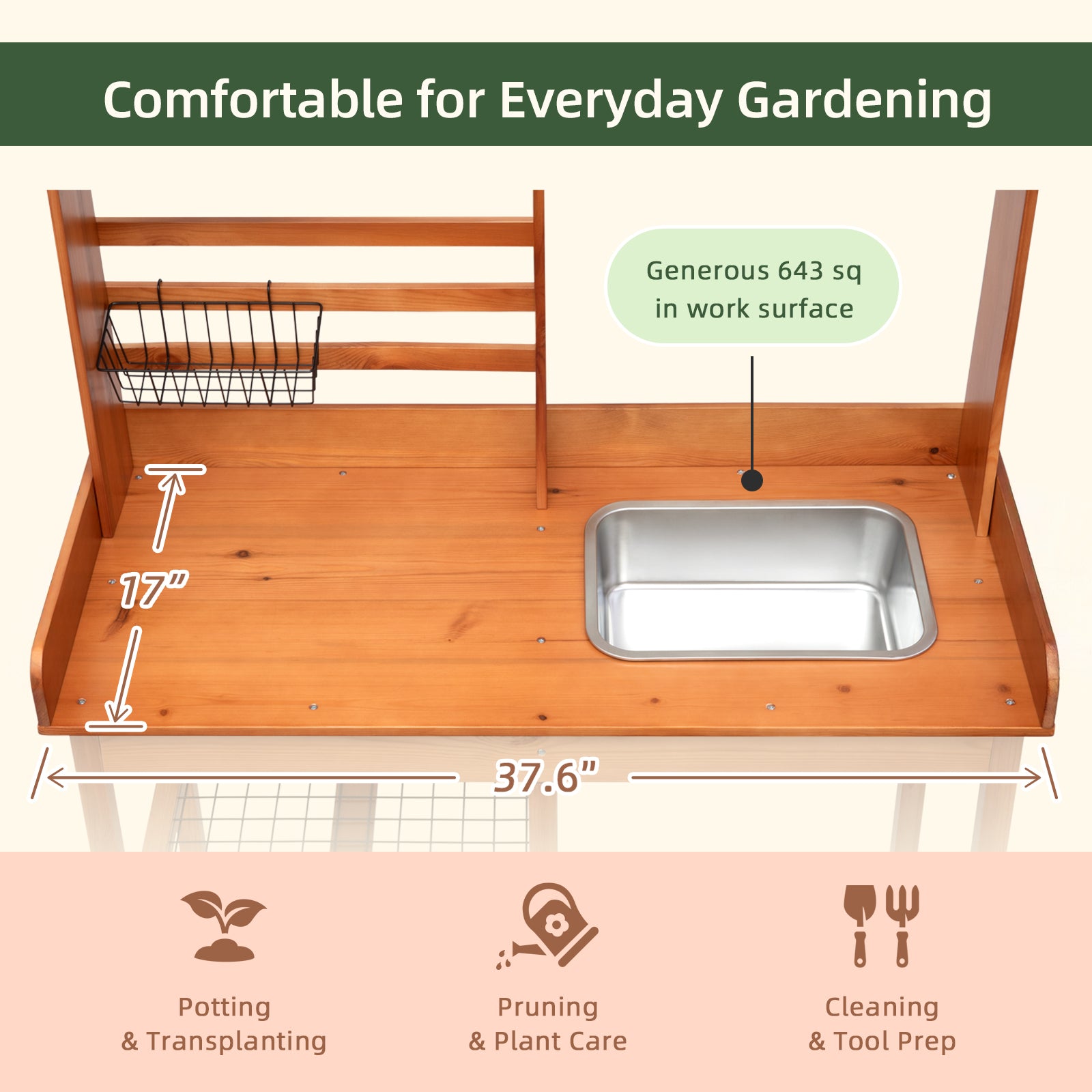 OOOK Adults Potting Bench, Nordic Scots Pine Potting Table with Removable Sink